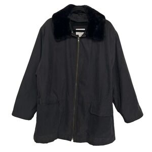 Elan Vintage Black Faux Fur Collar Nylon Insulated Coat Womens XL